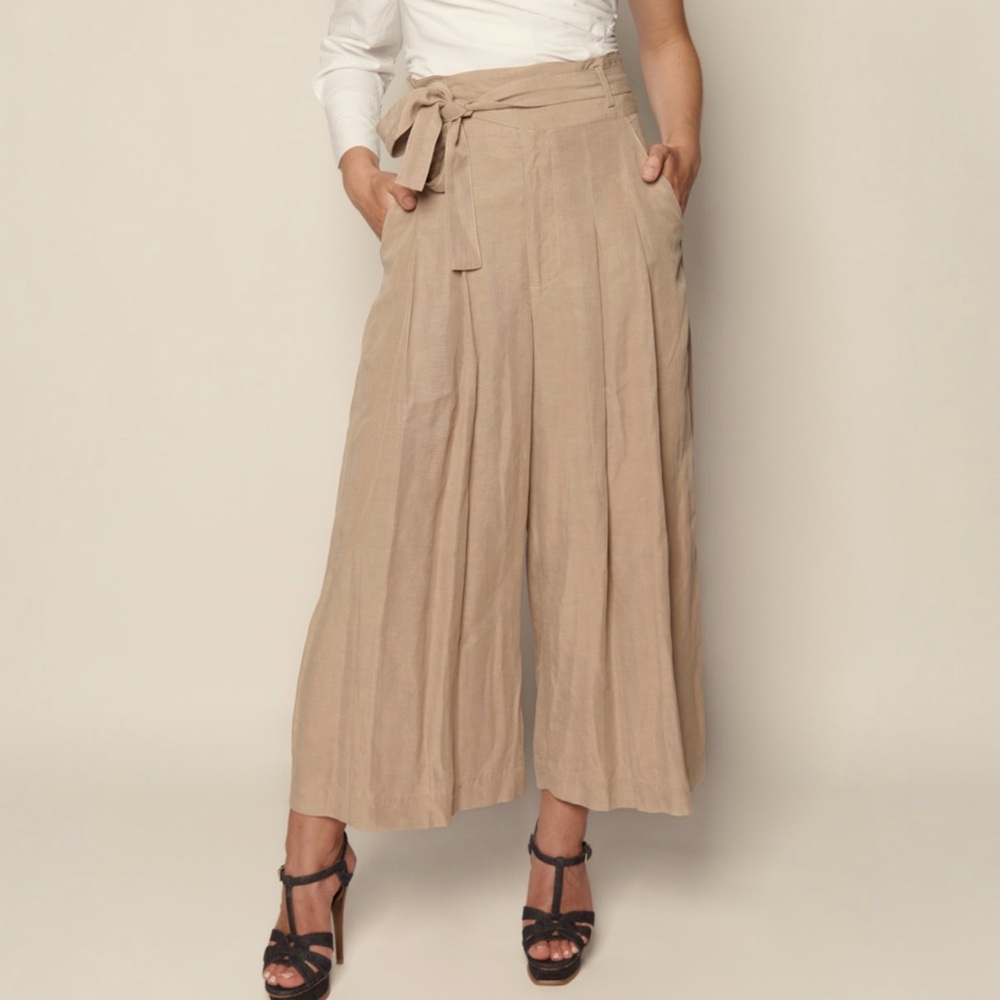Marissa‎ Webb women’s sand Tencel linen crop trousers wide pants wrap waist SZ 6
